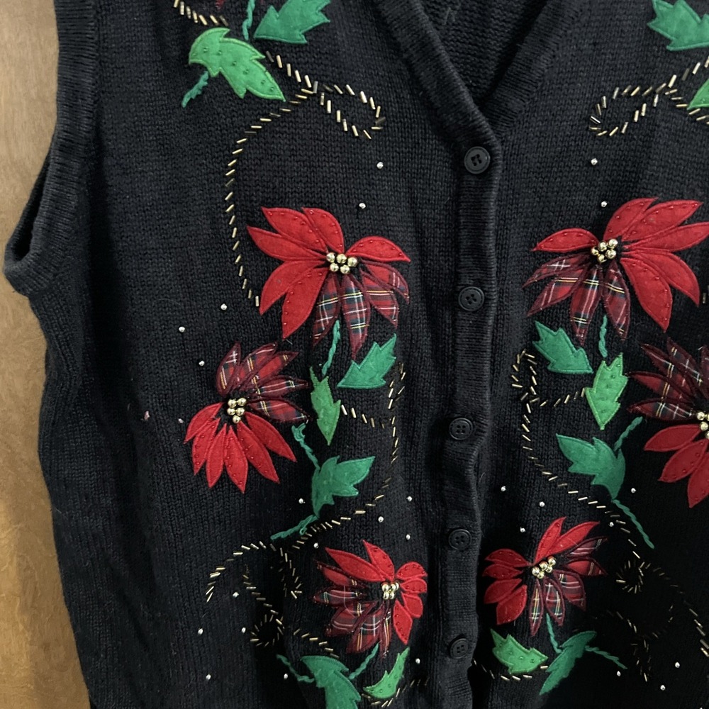 Vtg Bobbie Brooks Womens Plus‎ Sweater Vest Ugly Christmas Poinsettia Black 2XL - Picture 2 of 8